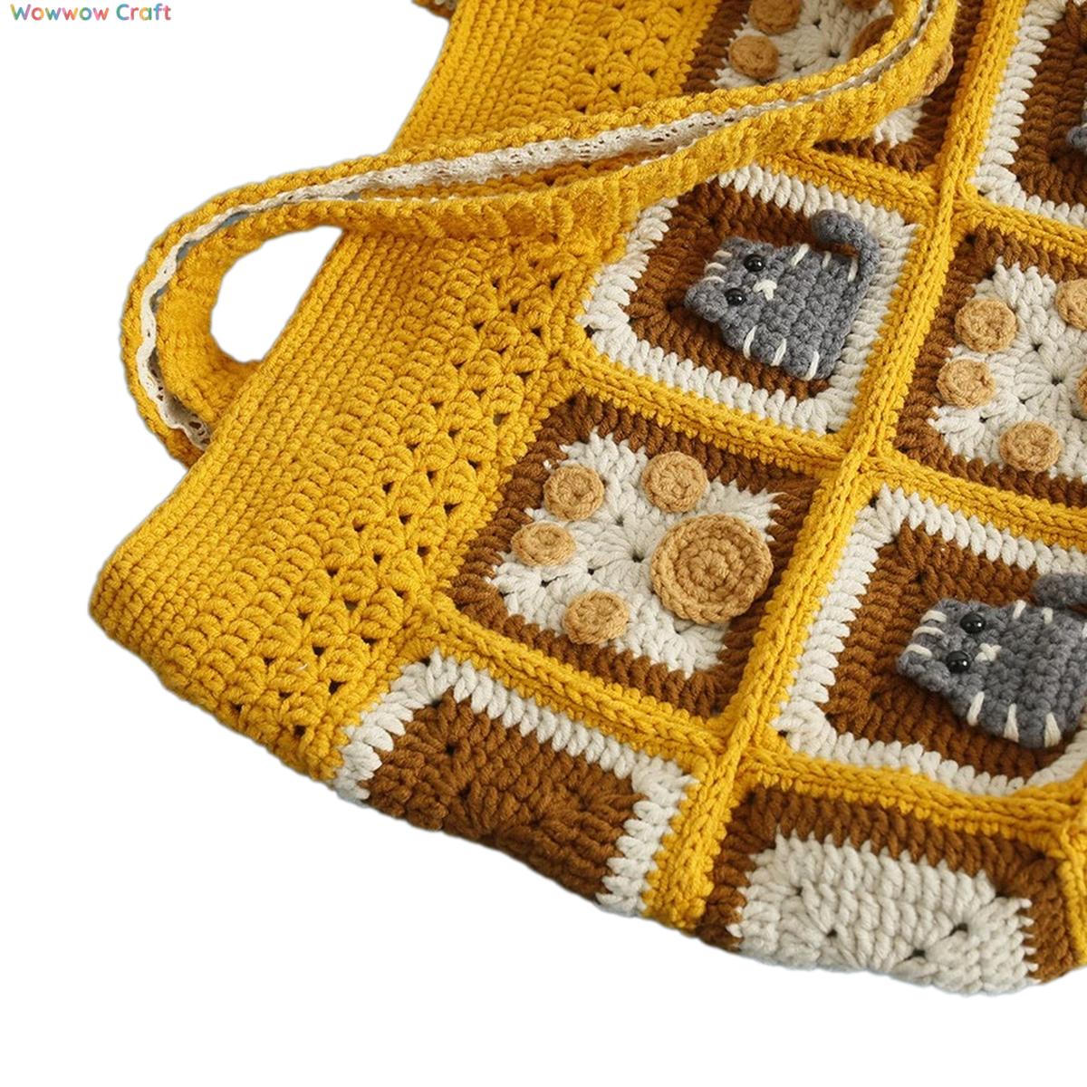 Shoulder Bags,Totes,Handmade Crochet Bags,Dark Yellow Flowers Embroidery Granny Square Tote crocheted with Snow Fairy Yarn - High quality handmade crocheted shoulder bag